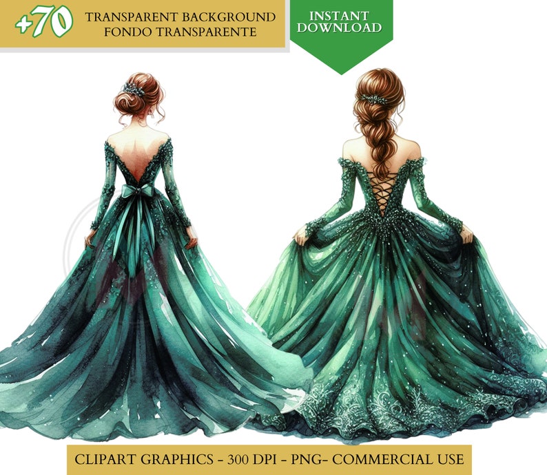 Green Quinceañera png Dress Green Princess Clipart watercolor clip art Bridesmaid Sweet Sixteen Dress quinceanera png clipart commercial use