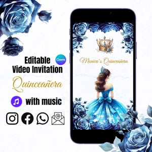 Quinceaña Video Invite Canva Quinceanera Princess Blue Quince Einladung, EDITIERBARE Video Einladung Animierte Einladung, Sweet 16th Mis 15