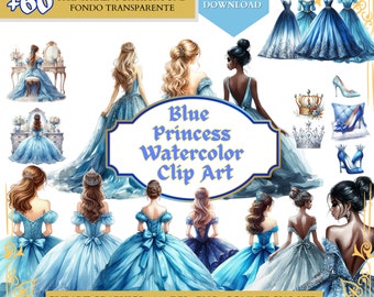 Quinceanera Blue Watercolor Princess Clipart, watercolor clip art Bridesmaid Dress png, Sweet Sixteen Dress, instant download commercial use
