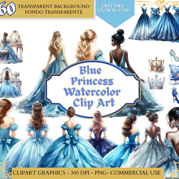 Blau Aquarell Prinzessin Clipart, Clip Art Brautjungfer Quinceamaßa Kleid png, Sweet Sixteen Kleid, sofortiger Download, kommerzielle Nutzung