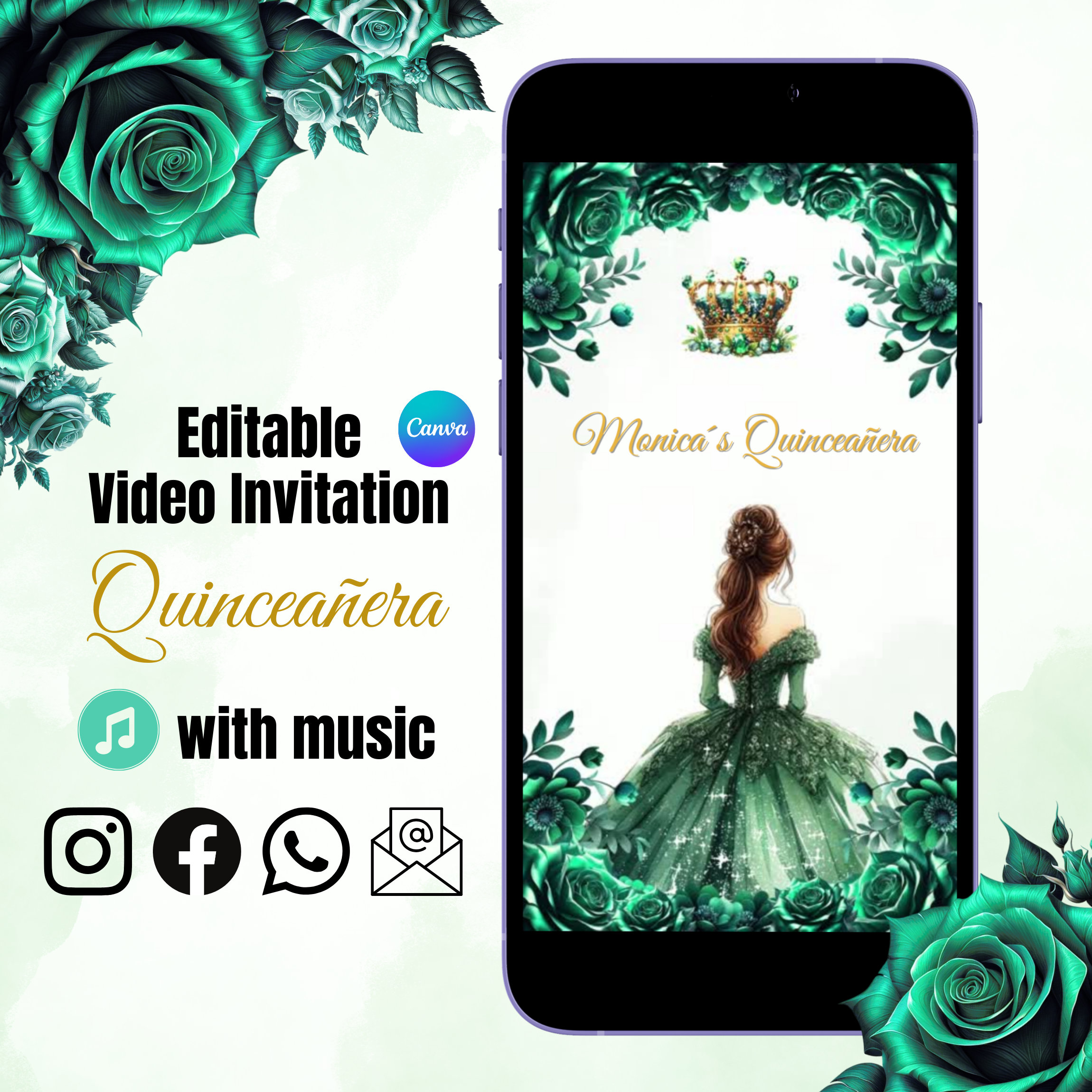 Quinceañera Video Invite Canva Quinceanera Princess Green Quince Invitation, EDITABLE Video Invitation Animated Invitation, Sweet 16 Mis 15
