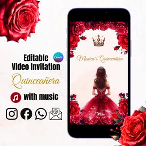 Quinceañera Video Invite Canva Quinceanera Princess Red Quince Invitation, EDITABLE Video Invitation Animated Invitation, Sweet 16 Mis 15