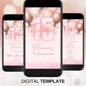 Plantilla de video de invitación digital en oro rosa para quinceañeras, invitación electrónica para quinceañeras, globo rosa, Mis VX