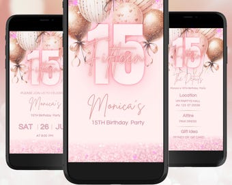 Plantilla de invitación de video digital en oro rosa para quinceañera para niñas, invitación de quince años, globo rosa electrónico, Quinceañera 15 Mis VX