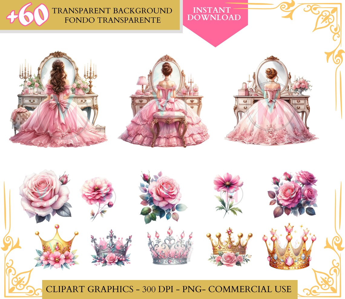 Pink Princess Watercolor Clipart, Watercolor Clip Art, Bridesmaid ...