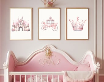 Set of 5 Princess Prints, Little Girl Bedroom Wall Art, Pink Princess Prints, Princess wall decor, Princess nursery, Watercolor princess