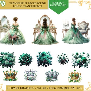 Green Quinceañera png Dress Green Princess Clipart watercolor clip art Bridesmaid Sweet Sixteen Dress quinceanera png clipart commercial use