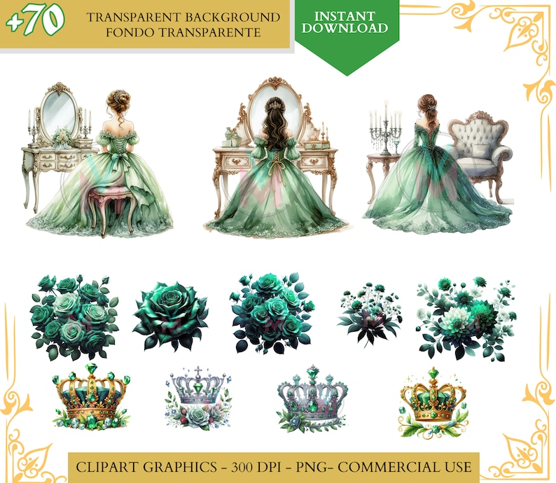 Green Quinceañera png Dress Green Princess Clipart watercolor clip art Bridesmaid Sweet Sixteen Dress quinceanera png clipart commercial use