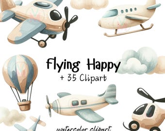Luft Transport Aquarell Clipart, ClipArt Flugzeug, Kinderzimmer Dekor, Baby Wand Kunst, Hubschrauber, Heißluftballon PNG, Fliegen Aquarellpng