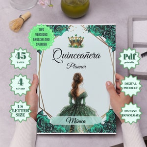 May include: A printable Quinceañera planner with a green and gold cover featuring a crown and a woman in a green gown. The planner has 45 pages and is available in English and Spanish.