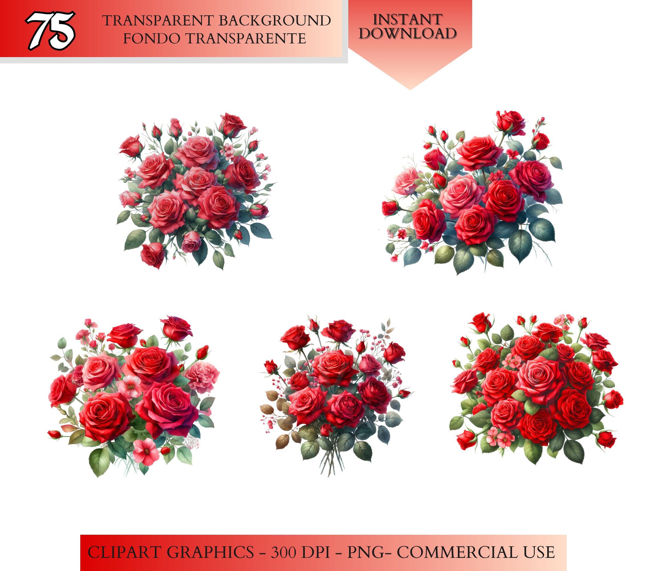 Red Roses Clipart Transparent Png - Mega Bundle 75 Designs - Instant ...