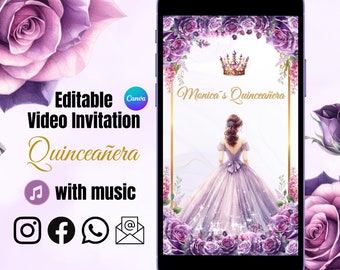 Quinceañera Video Invite Canva Quinceanera Princess Purple Quince Invitation, EDITABLE Video Invitation Animated Invitation, Sweet 16 Mis 15