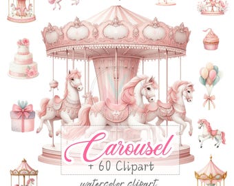 Carousel Clipart - Pony Clipart - Carousel Horse clip art - Watercolor - Unlimited Sales License - Watercolor Pink Carousel- commercial use