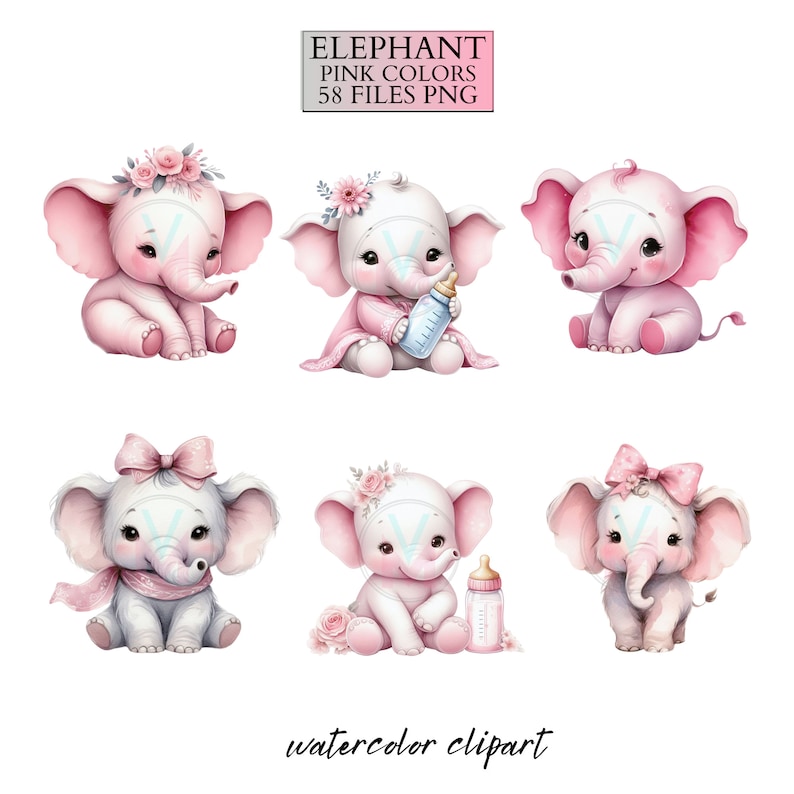 Pink Baby ELEPHANT Cute Watercolor Clipart, Baby Shower Girl Pink PNG ...