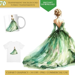Green Quinceañera png Dress Green Princess Clipart watercolor clip art Bridesmaid Sweet Sixteen Dress quinceanera png clipart commercial use