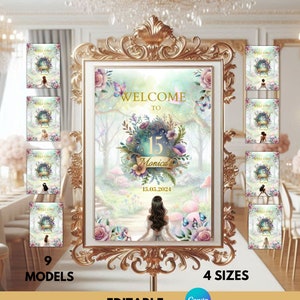 Quinceanera Bienvenido Signo Quinceañera Bosque Encantado Mis Quince Cartel EDITABLE Plantilla Imprimible dulce dieciséis floral 15 AÑO jardín hada