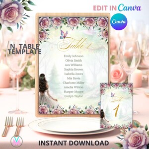 May include: A printable table number template with a watercolor floral design featuring pink roses and a butterfly. The template includes the text "Table 1" and a list of names. The template is designed for a wedding or other special event.