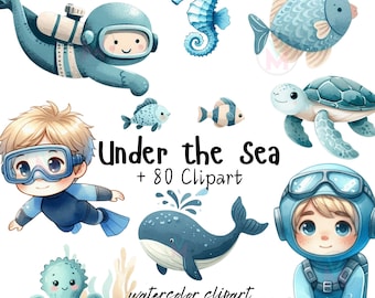 Unterwasser Aquarell Clipart, Kinderzimmer Dekor, Baby Wand Kunst, Tintenfisch png, Qualle, Wal, niedliche Ozean Tiere png, Babyparty