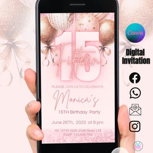 Plantilla de invitación digital de 15 años en oro rosa para niñas, invitación para quince años, globo rosa electrónico, quinceañera, 15 años