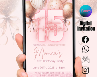 Plantilla de invitación digital de 15 años en oro rosa para niñas, invitación para quince años, globo rosa electrónico, quinceañera, 15 años