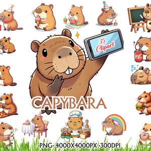 Cute Capybara PNG 35Funny Capybara Clipart Bundle\ Set Kawaii Animal Illustration\ Anime Cartoon Digital Sticker Sublimation Imagen Capibara
