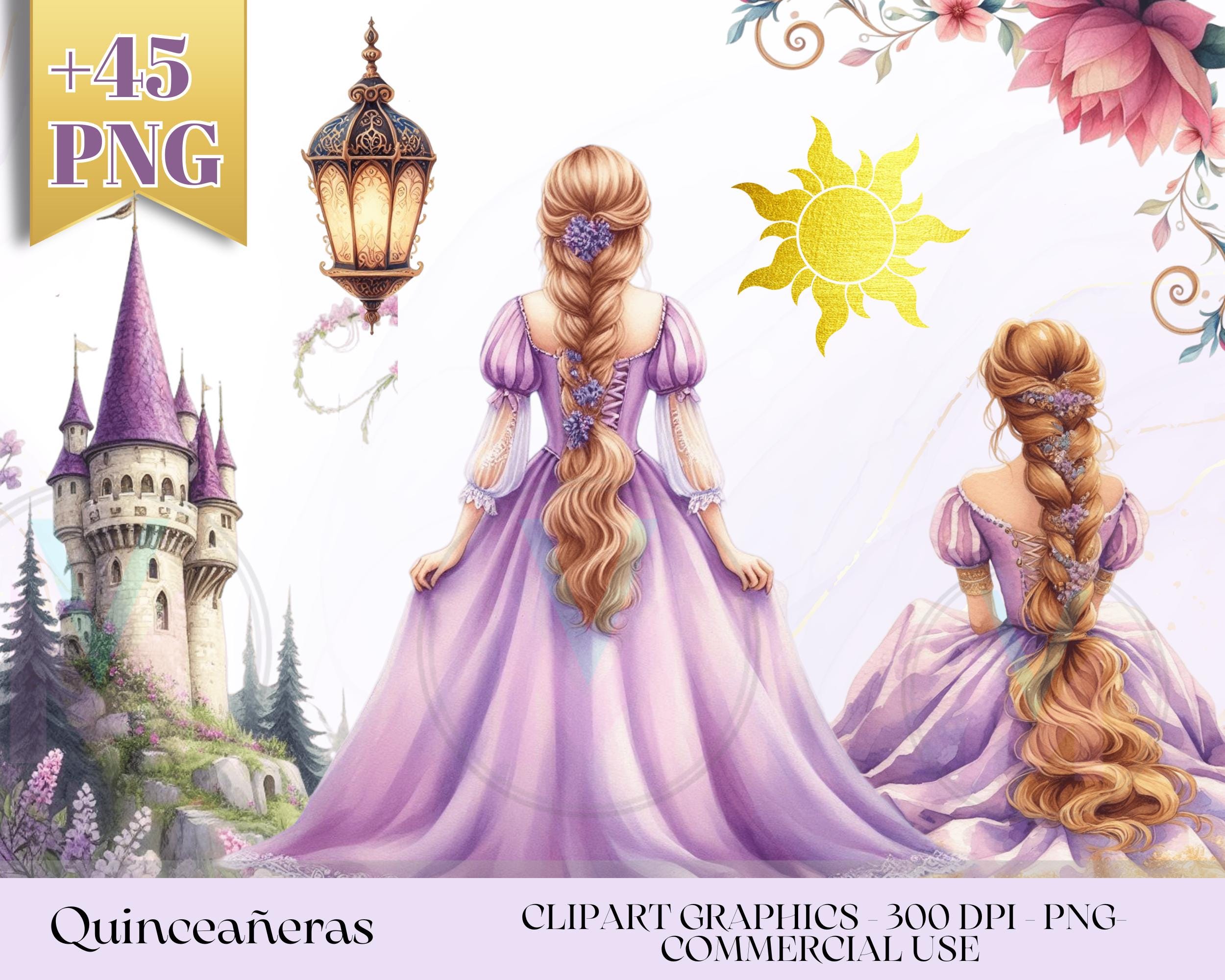 QUINCEANERA Purple Princess, 45 watercolor clip art- Quince Años DIY Invitation Elements Quinceañera Celebration Ball  Princess dress rapunz