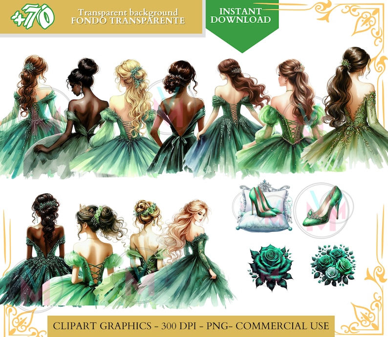 Green Quinceañera png Dress Green Princess Clipart watercolor clip art Bridesmaid Sweet Sixteen Dress quinceanera png clipart commercial use
