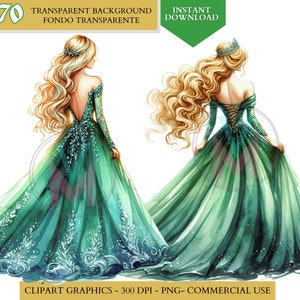 Green Quinceañera png Dress Green Princess Clipart watercolor clip art Bridesmaid Sweet Sixteen Dress quinceanera png clipart commercial use