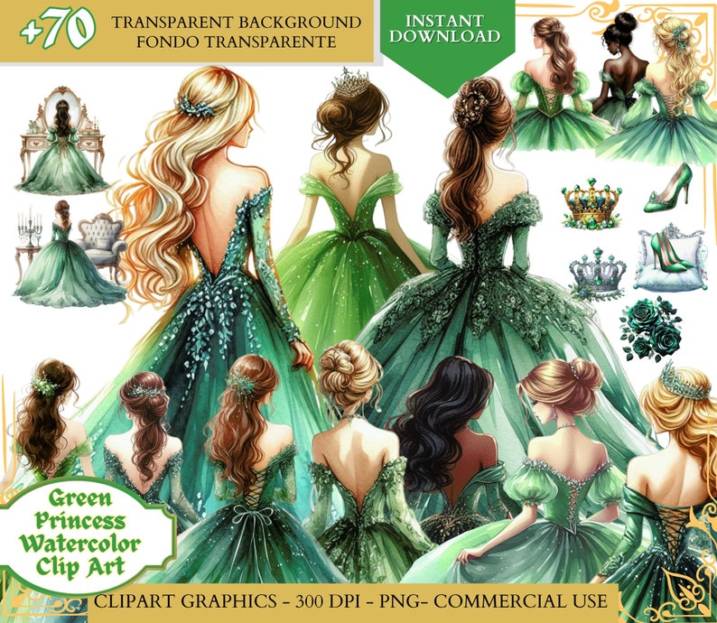 Green Quinceañera png Dress Green Princess Clipart watercolor clip art Bridesmaid Sweet Sixteen Dress quinceanera png clipart commercial use