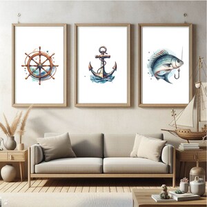 Nautical Wall Art, Nautical Watercolor Set of 6, Navy Blue Wall Art ...