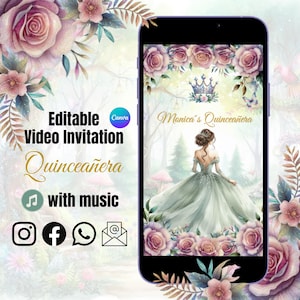 Quinceañera Video Invite Canva Quinceanera, Enchanted Forest Quince Invitation, EDITABLE Video Invitation, Animated Sage Dress Sweet 16th XV