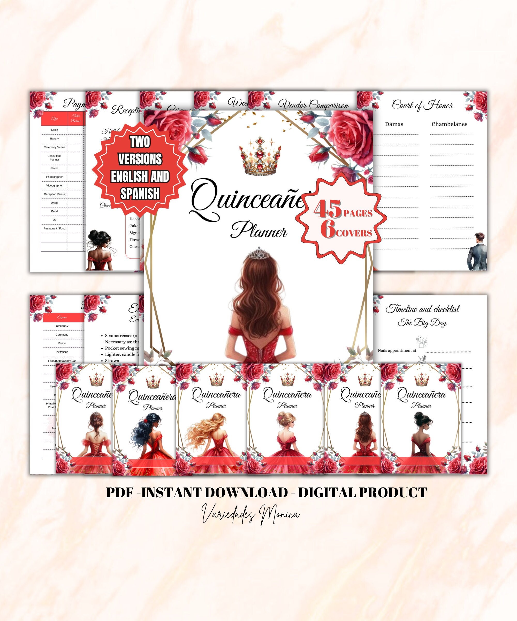 Quinceañera Planner RED Quince red Book Planning Checklist Quinceañer Template Quinceanera Printable Planner floral Mis XV PlannerBook pdf