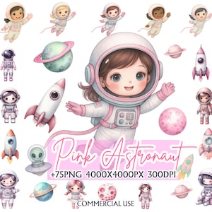 Rosa Astronaut Clipart, Weltraum Mädchen, Rakete und Planeten, Mond und Sterne, Space Travel, Cute Astronaut Png Kinderzimmer Dekor, Weltraum Geburtstag