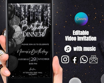Digitales Geburtstagsessen elegante Einladung, Black Tie Glam einladen, animierte schwarze Silber Diamant einladen Für Männer & Frauen, selbst bearbeitbare Leinwand