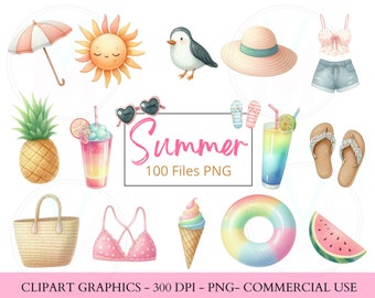 Summer Clipart PNG - Cute Pool Party Clipart 100 Bundle - Watercolour Beach Clipart - Commercial Use -Holiday Vacation Clipart - Beach Party