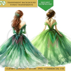 Green Quinceañera png Dress Green Princess Clipart watercolor clip art Bridesmaid Sweet Sixteen Dress quinceanera png clipart commercial use