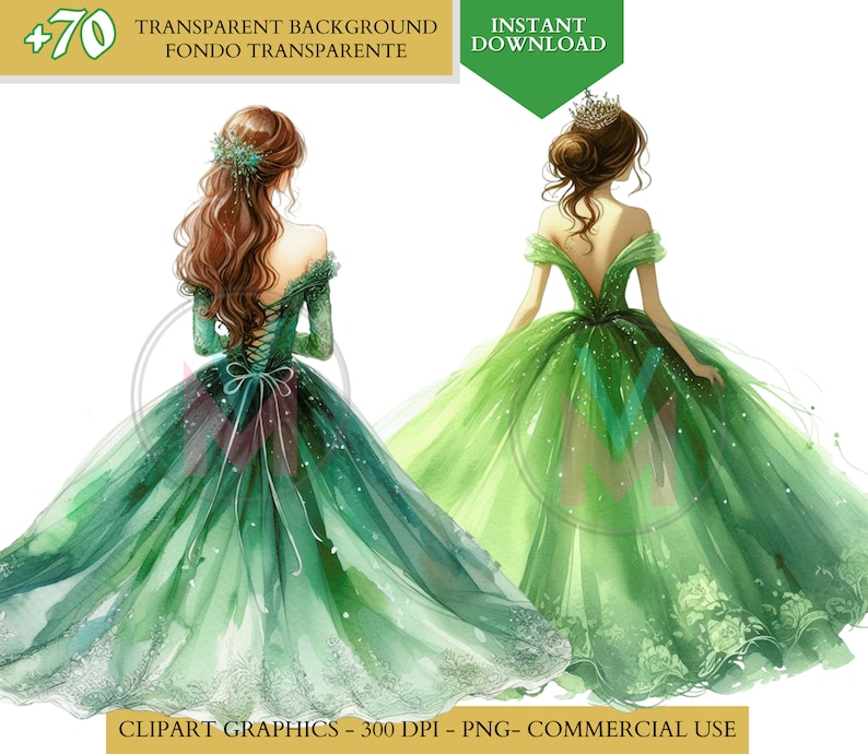 Green Quinceañera png Dress Green Princess Clipart watercolor clip art Bridesmaid Sweet Sixteen Dress quinceanera png clipart commercial use