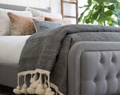 Moroccan Black PomPom Blanket Cotton Throw Blanket with Tassels Hand Woven Cotton Duvet Cover Blanket Sofa Couch Throw End of Bed Blanket
