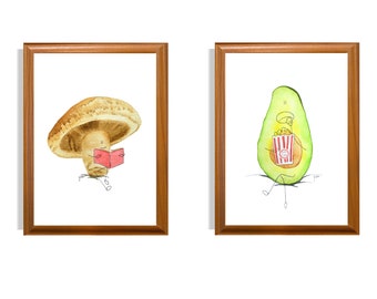 Conjunto imprimible de cocina, impresión de aguacate, impresión de setas, decoración de la pared de la cocina, dibujos animados lindos, impresión de frutas y verduras, dibujo e ilustración