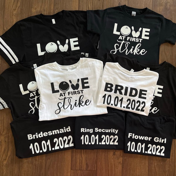 Rehearsal Dinner tshirts, wedding rehearsal shirts, bowling shirts, love at first strike