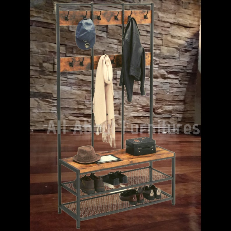 Industrial Coat Rack Large Stand Bench Hallway Rustic Metal Etsy