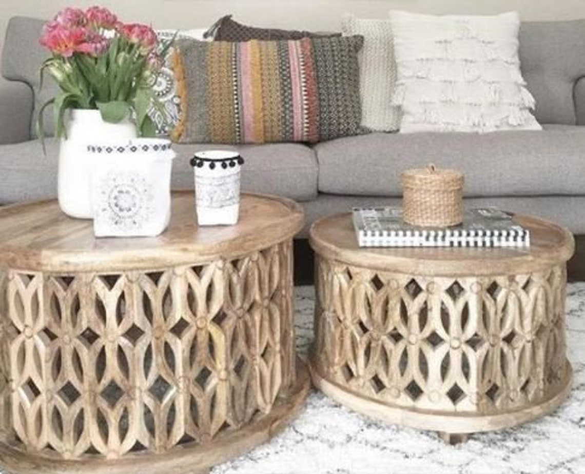 Wooden Coffee Table Set of 2 Boho Style Round Side Tables | Etsy