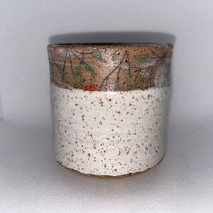 handmade | ceramic | white | speckled | vine accent | pottery | cup