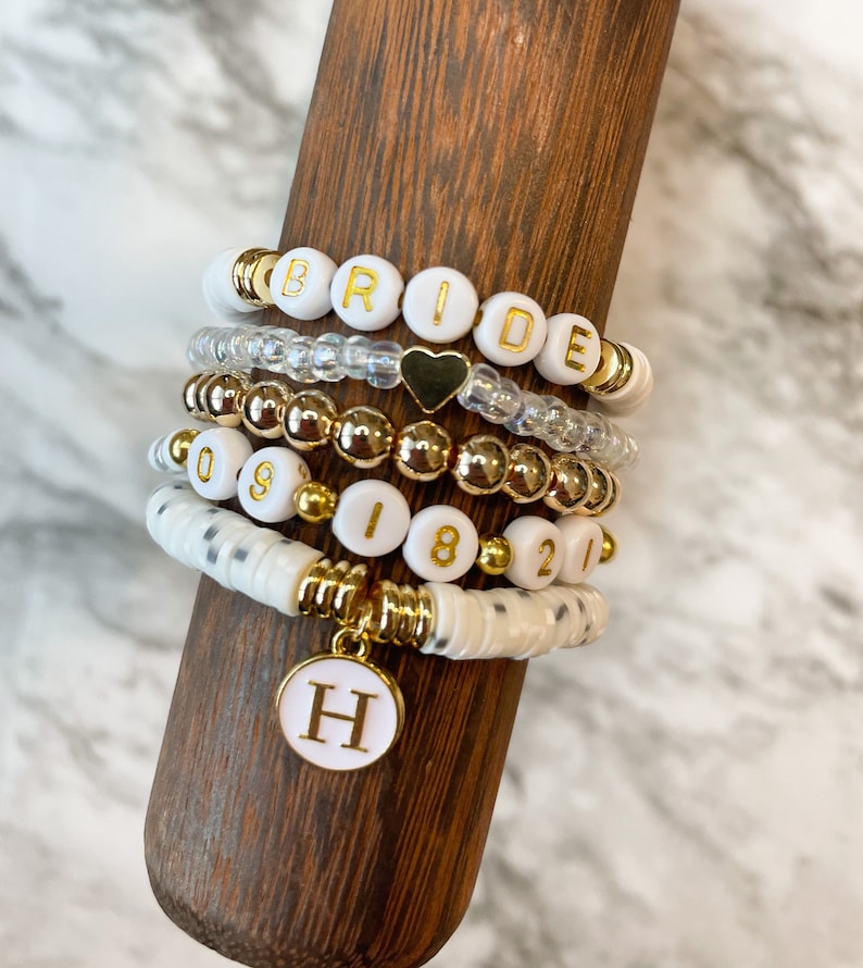 NEW BRIDE COLLECTION Heishi Disc Personalized Beaded Bracelets Stackable Bracelets Bride Accessories RinckaDink Designs image 4