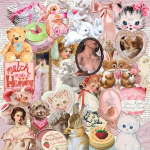 May include: A collage of vintage-style illustrations and objects in soft pinks, creams, and browns. Includes a teddy bear, cherubs, rabbits, a kitten, a dog, a mirror, and lip balms. The text "match made in Heaven" is visible.