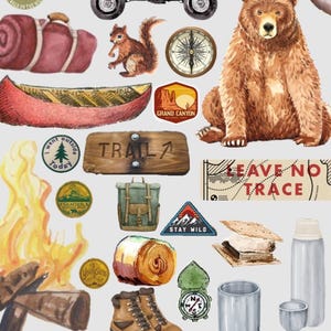May include: Watercolor illustrations of camping and outdoor adventure elements. Includes a green jeep, bear, tent, compass, backpack, and the text "Don't feed the Bears."