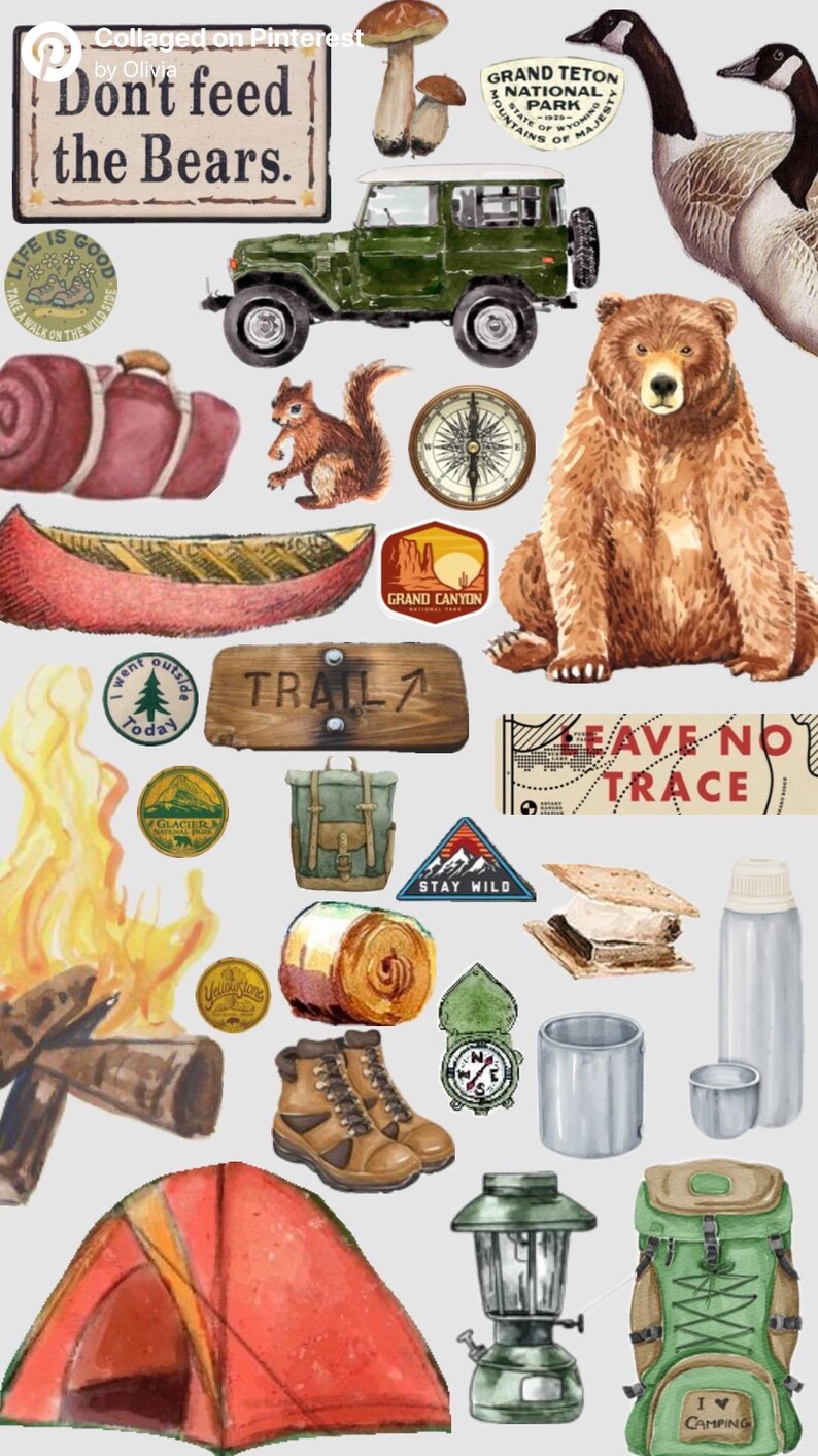 May include: Watercolor illustrations of camping and outdoor adventure elements. Includes a green jeep, bear, tent, compass, backpack, and the text "Don't feed the Bears."