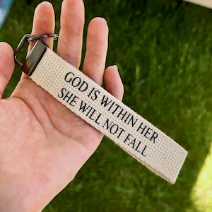 God is within her  wristlet  keychain / Christian wristlet keychain / Canvas wristlet keychain / Cotton lanyard / Christian accessories