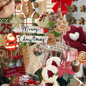 May include: A collage of Christmas-themed images, including gingerbread cookies, a red truck, a poinsettia, a snowman, a teddy bear, a stocking, a gingerbread house, a Christmas tree, and the text "Merry Christmas" and "Winter Wonders".
