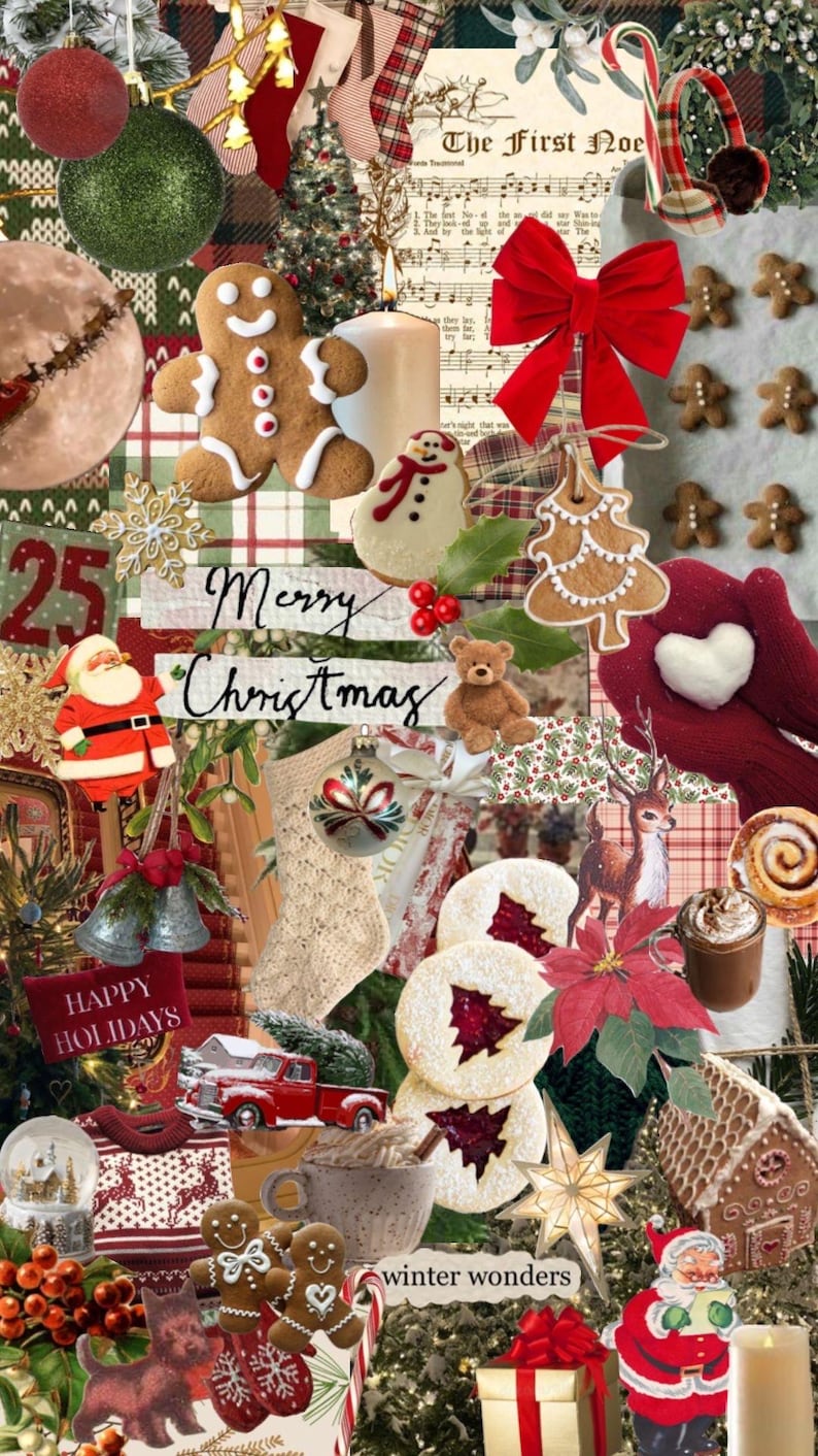 May include: A collage of Christmas-themed images, including gingerbread cookies, a red truck, a poinsettia, a snowman, a teddy bear, a stocking, a gingerbread house, a Christmas tree, and the text "Merry Christmas" and "Winter Wonders".